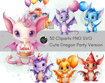 Cute Dragon Clipart Party Version 30 Designs Watercolor Style, Adorable Dragons PNG for card making, scrapbook, paper crafts, birthday party
