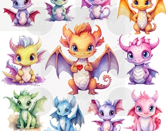 Fantasy Dragon Clipart, 23 Cute dragons clip art, art for kids baby dragons, adorable dragons PNG for Card Making, Scrapbook, Paper Crafts