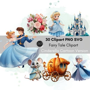 Może przedstawiać: Zestaw 30 cyfrowych obrazów clipart przedstawiających postacie z bajki o Kopciuszku w kreskówkowym stylu. Obrazy obejmują Kopciuszka i księcia tańczących, dynię-karetę, wróżkę chrzestną, mysz, bukiet kwiatów i zamek. W obrazie znajduje się tekst "30 Clipart PNG SVG Fairy Tale Clipart Cinderella Cartoon Version".