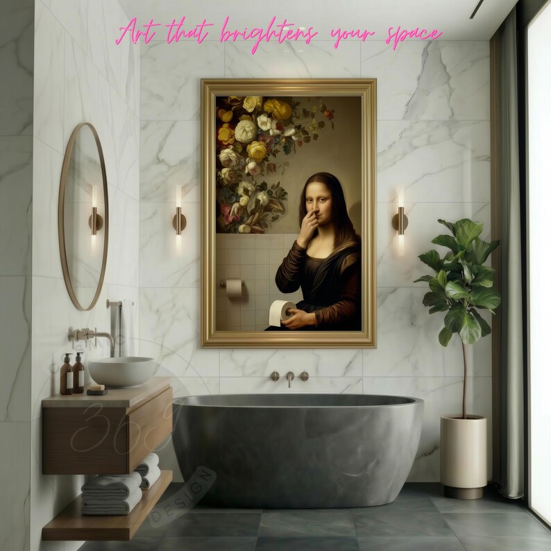 Funny Bathroom Wall Art Printable – Mona Lisa Holding Toilet Paper and ...