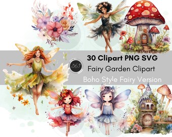 Fairy Garden Clipart Watercolor Boho Style Fairy Clipart 30 PNG SVG personal & commercial use, enchanted garden, magic clipart, printable