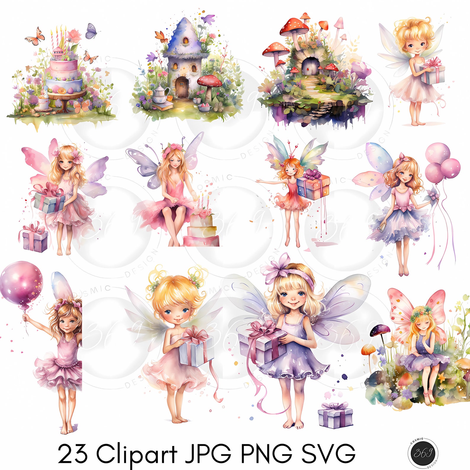 Watercolor Birthday Fairy Clipart Pack - 23 PNG - Fairy Clipart, Cute ...