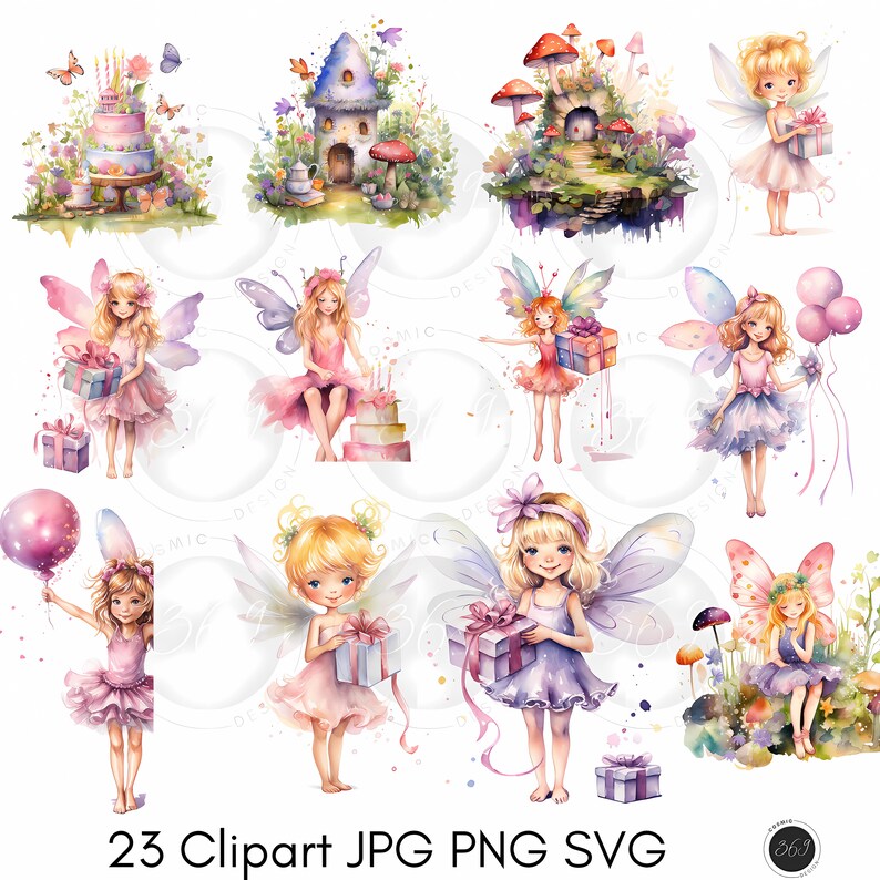 Watercolor Birthday Fairy Clipart Pack - 23 PNG - Fairy Clipart, Cute ...