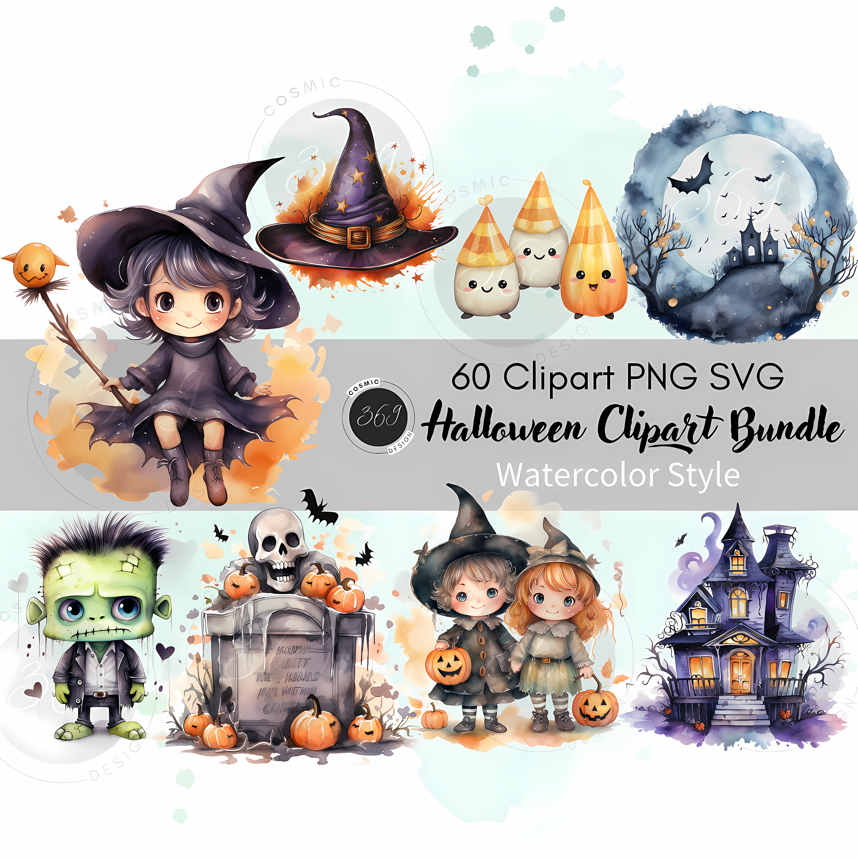 Halloween Clipart Bundle 60 PNG SVG Watercolor Style Commercial Use ...