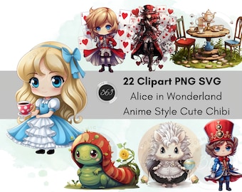 Alice Wonderland Clipart Anime Cute Chibi Style 22 Designs PNG SVG personal & commercial use, Alice wonderland party,  printable download