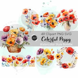 Aquarell Mohn Clipart Bundle 49 PNG SVG für persönlichen & kommerziellen Gebrauch, Bunte Mohn Grenzen, Blumenkranz, Party Einladung Design png