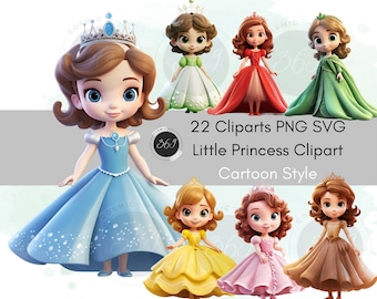 Princess Clipart, Cartoon Style Little Princesses 22 Designs, Baby Girl Clipart, Birthday Party Clipart, PNG SVG for creative projects