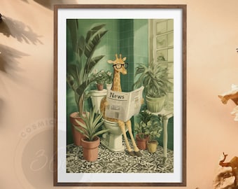 Funny Giraffe Toilet Print — Whimsical Bathroom Humor Wall Art, water color style, Digital download