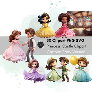 Castle Clipart Princess Clipart Party in the Castle 3D Cartoon Style 30 Designs PNG & SVG, Princess and Prince Dancing, printable download