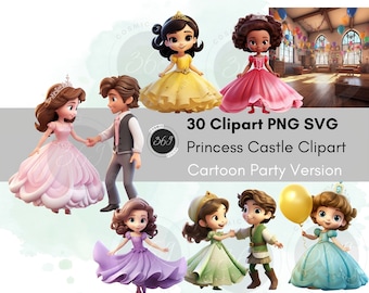 Castle Clipart Princess Clipart Party in the Castle 3D Cartoon Style 30 Designs PNG & SVG, Princess and Prince Dancing, printable download
