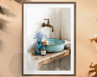 Farmhouse Sink Watercolor Print | Rustic Bathroom Wall Art (Digital Download)