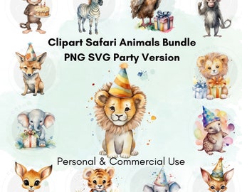 Clipart Safari Animals Party Animal Set Watercolor Style 30 designs for Commercial Use & Personal Use, Nursery Clipart, PNG Digital Download