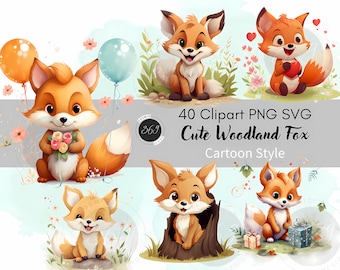Woodland Fox Clipart Bundle 40 PNG SVG Cartoon Style Commercial Use, Cute Fox png Woodland Animal Clipart for party or nursery decor design