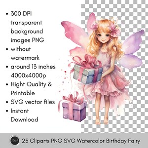 Watercolor Birthday Fairy Clipart Pack - 23 PNG - Fairy Clipart, Cute ...