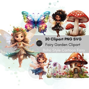 Feengarten Clipart Cartoon Boho-Stil Fee Clipart 30 PNG SVG kommerzielle Nutzung, verzauberter Garten, magisches Clipart, printable