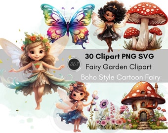 May include: A set of 30 digital clipart images featuring fairy garden illustrations in a boho style. The images include fairies, mushrooms, butterflies, and flowers. The fairies are depicted with wings, flowing dresses, and whimsical expressions. The mushrooms are colorful and have intricate details. The butterflies are vibrant and have intricate patterns. The flowers are delicate and have a variety of colors.