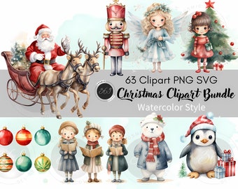 Christmas Clipart Bundle 63 PNG SVG Commercial Use, Cozy Christmas Clipart, Watercolor style Christmas Illustrations Instant Download