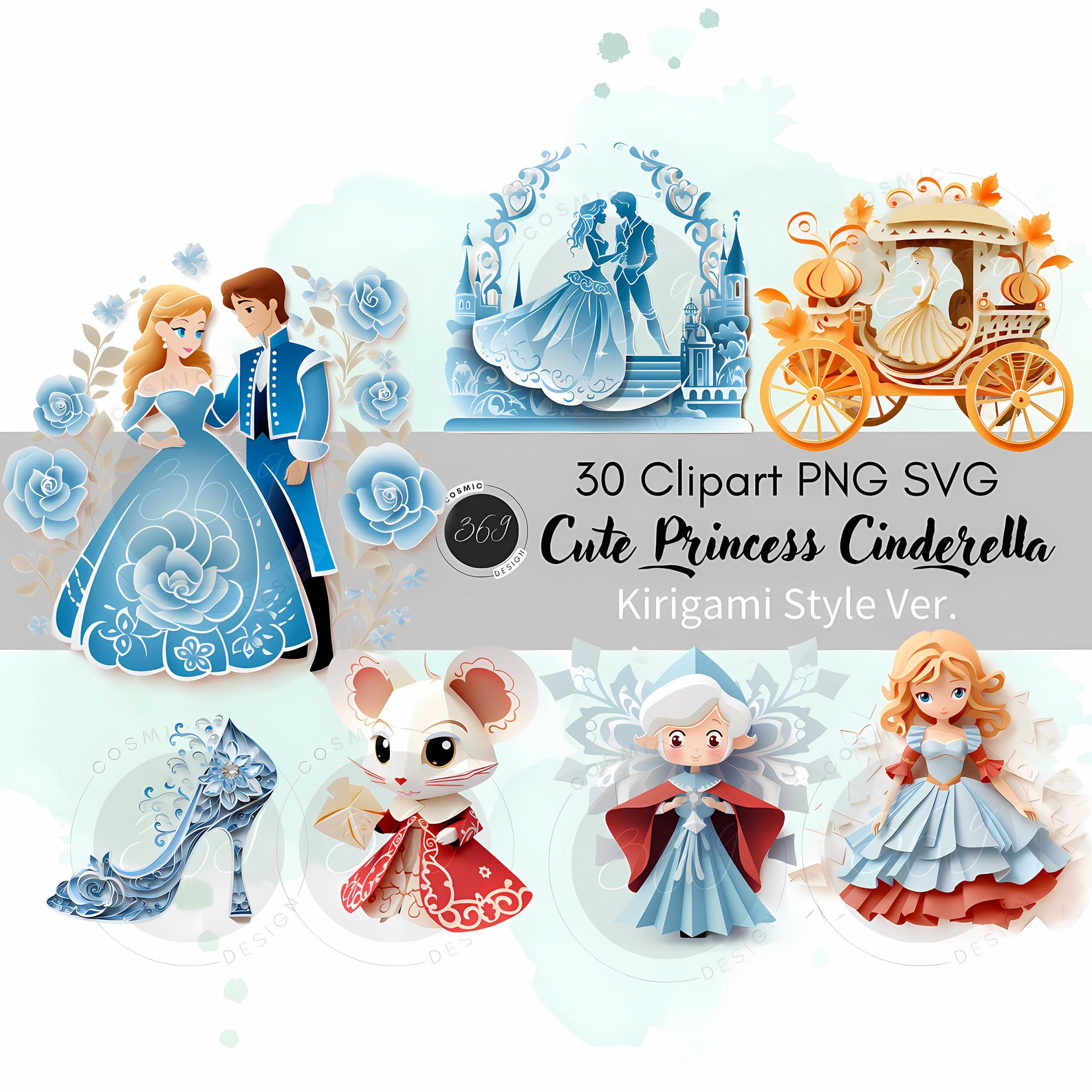 Princess Cinderella Clipart Bundle 30 PNG SVG Kirigami Style for ...