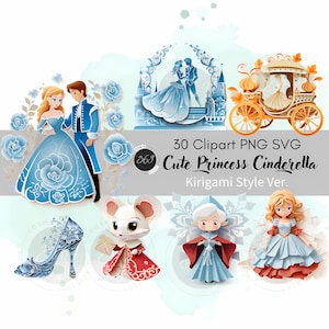 Prinses Assepoester Clipart Bundel 30 PNG SVG Kirigami stijl voor commercieel gebruik, Prinses Fairytale Clipart, Prinses PNG Instant Download