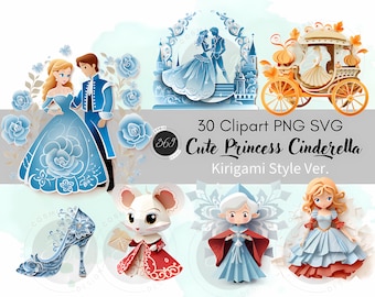 Princess Cinderella Clipart Bundle 30 PNG SVG Kirigami style for Commercial Use, Princess Fairytale Clipart, Princess PNG Instant Download