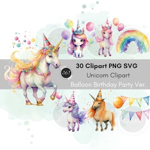 Unicorn Clipart Watercolor Style 30 Designs PNG SVG For Personal & Commercial Use, Unicorn Balloon Birthday Party decor, Printable download
