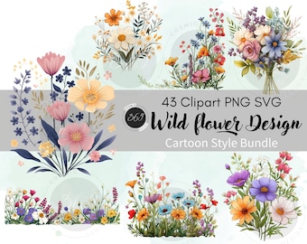 Wild flower Clipart 43 PNG SVG Super Bundle personal & commercial use, Cartoon floral borders, wreath, Wildflower wedding invitation clipart