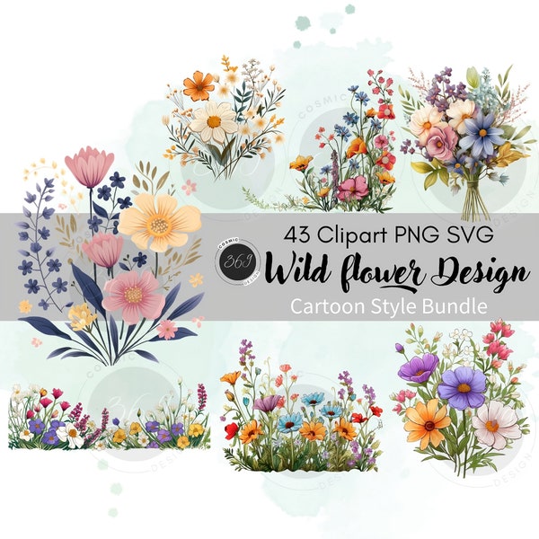 Wilde bloem Clipart 43 PNG SVG Super Bundle persoonlijk en commercieel gebruik, cartoon bloemenranden, krans, wilde bloemen bruiloft uitnodiging clipart