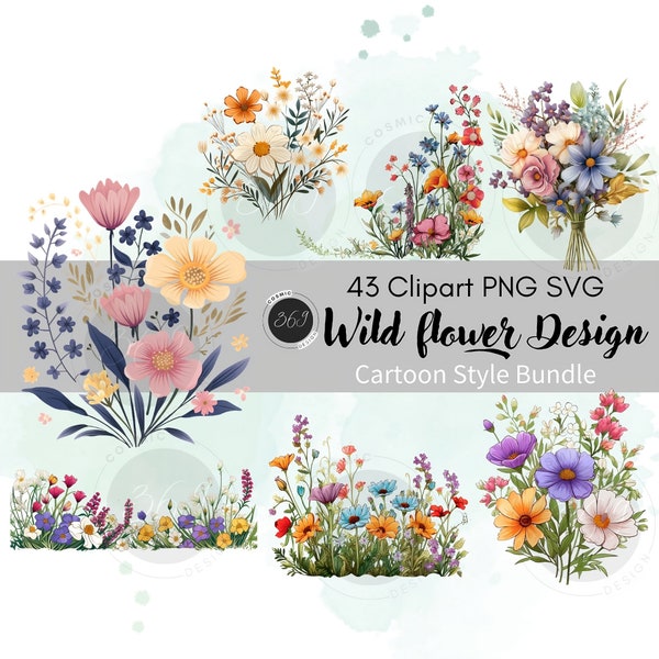 Wild flower Clipart 43 PNG SVG Super Bundle personal & commercial use, Cartoon floral borders, wreath, Wildflower wedding invitation clipart