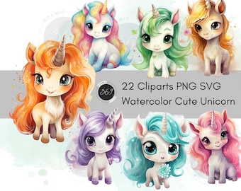 Unicorn Clipart Watercolor Style 22 Designs, Nursery Decor, PNG SVG For Commercial Use, Scrapbook, Journal, Paper Crafts digital download