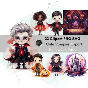 Uroczy Wampir Clipart Halloween Clipart Akwarela Pakiet Do Użytku Osobistego i Komercyjnego, Czarny Chłopiec Wampir, Wózek Z Dyni, Do Wydrukowania Pobierz