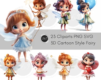 Fairy Clipart Fairy PNG 3D Cartoon Style Fairy, 23 Designs, Printable, Commercial Use, Royalty Free, Digital Paper Craft, Party Images, SVG