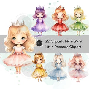 Prinzessin Clipart, Aquarell kleine Prinzessinnen Clipart 22 Designs, Geburtstagsfeier Clipart, Baby Mädchen Clipart, PNG SVG für kreative Projekte
