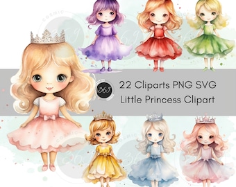 Princess Clipart, Watercolor Little  Princesses Clipart 22 Designs, Birthday Party Clipart, Baby Girl Clipart, PNG SVG for creative projects