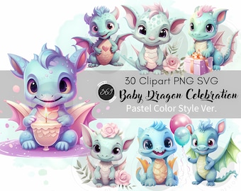 Cute Baby Dragon Clipart Pastel Color 30 PNG SVG for personal & commercial use, Baby Dragon PNG, Kids Wall Art, Nursery Decor, Baby shower