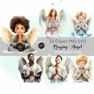 Watercolor Praying Angel Clipart Bundle 25 PNG SVG for commercial use, Heavenly Angel Clipart, card design & printable PNG download
