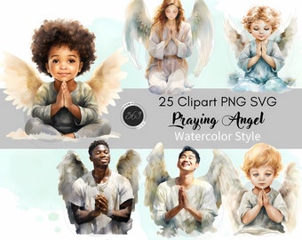 Watercolor Praying Angel Clipart Bundle 25 PNG SVG for commercial use, Heavenly Angel Clipart, card design & printable PNG download