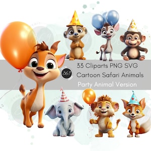 Clipart Safari Animals 33 Designs Cartoon Style Party Animals Version for Commercial use and personal use, nursery clipart, PNG SVG download