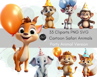 Clipart Safari Animals 33 Designs Cartoon Style Party Animals Version for Commercial use and personal use, nursery clipart, PNG SVG download