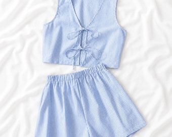 PDF Sewing pattern: Two-Piece Summer Set | Bow Tie Crop Top & High-Waisted Shorts (A4, Letter and A0), XS-XXL