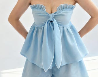 PDF sewing pattern: Two-Piece Ruffle Tie Top & Shorts Set  (A4, Letter, A0) (XS-4XL)