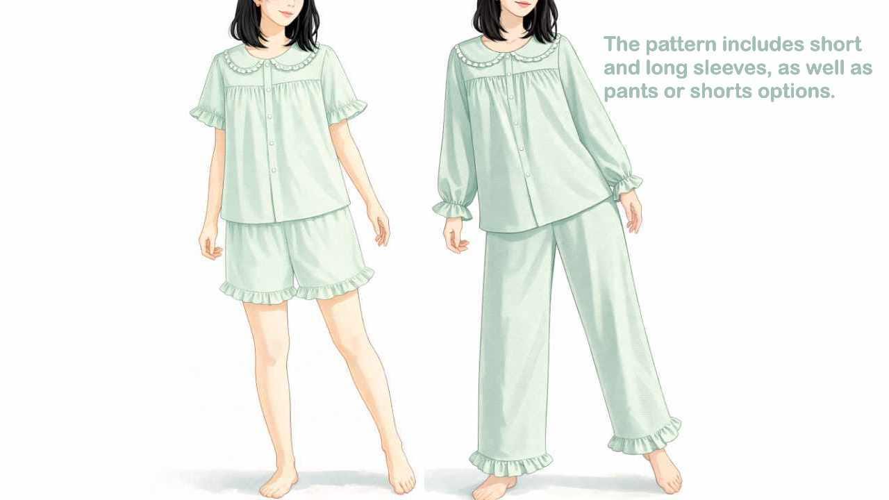 PDF Sewing Pattern: Emma Ruffle Pajama Set – Short & Long Sleeve, Pants ...