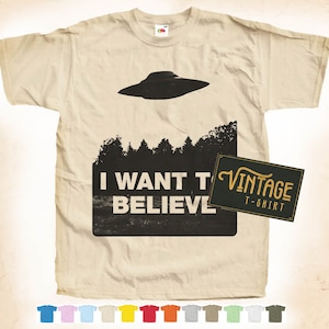 Black Print: I Want To Believe UFO T shirt Tee Vintage Poster Natural 12 Colors All Sizes S-5XL