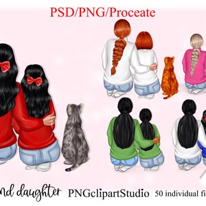 Clipart personnalisable maman, fille et chat, clipart bricolage, fête des mères
