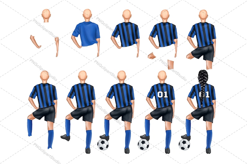 May include: Eight illustrations of soccer players in various poses. The players are wearing blue and black striped jerseys with the number "01" on the back. Some players are holding a soccer ball.