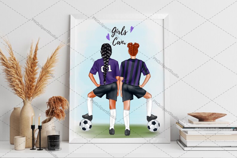 May include: Two girls wearing purple and black soccer uniforms stand back to back with soccer balls at their feet. The text "Girls Can." is written in purple above them.