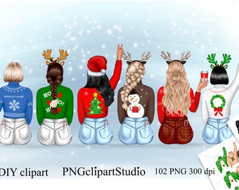 May include: Six women wearing Christmas sweaters with different designs, including a snowman, a Christmas tree, and a wreath. They are all sitting down and holding cups of coffee. The background is a light blue with snowflakes.