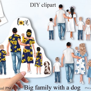 Grote familie met een hond. Familie terug.