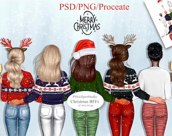 May include: Four women wearing Christmas sweaters and reindeer antlers stand together in front of a snowy background. The text "Merry Christmas" is written above them.