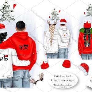 Clipart de Couples de Noël, meilleur ami de l'hiver et animaux de compagnie, fabricant de portraits de vacances personnalisable, couple de famille romantique