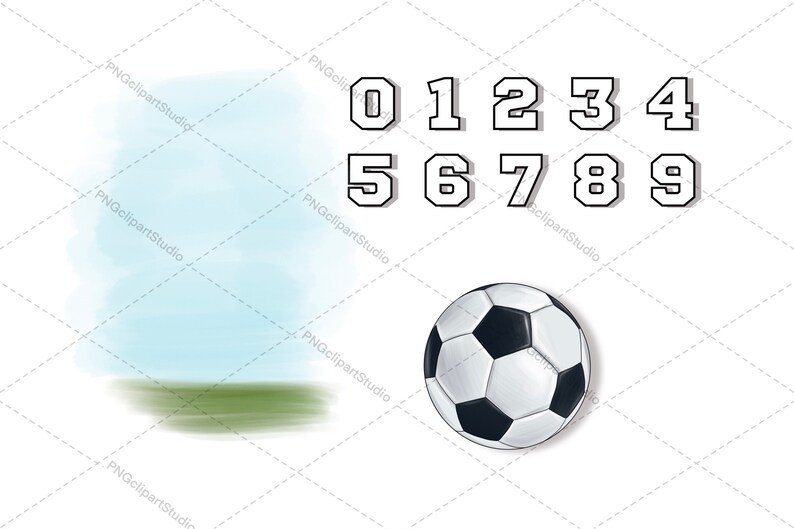 May include: Black and white soccer ball with a white background and black numbers 0-9 in a bold, blocky font.